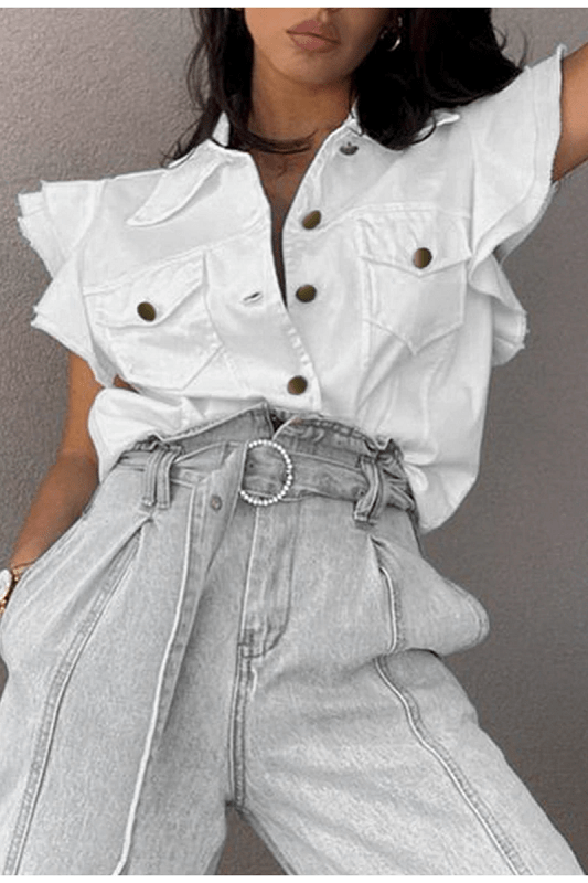 Cotton street style flared sleeve short button tops Mssza