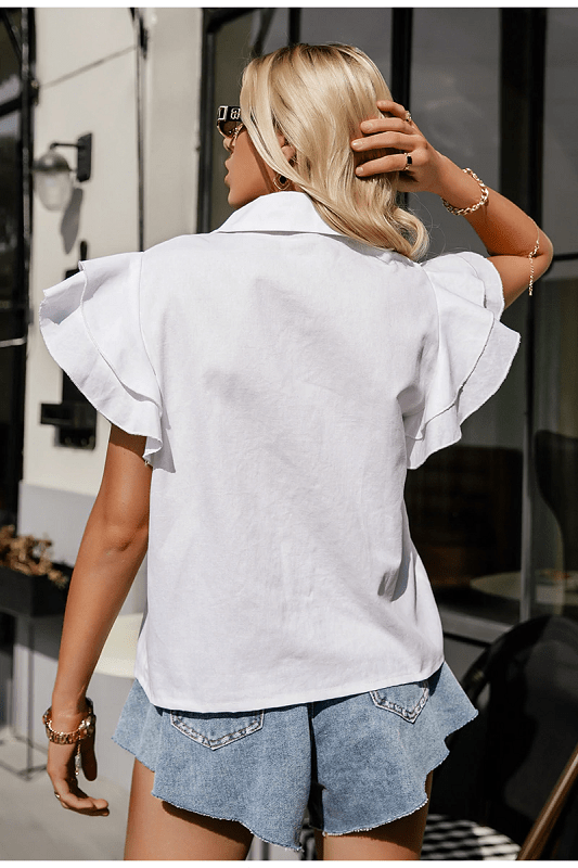 Cotton street style flared sleeve short button tops Mssza
