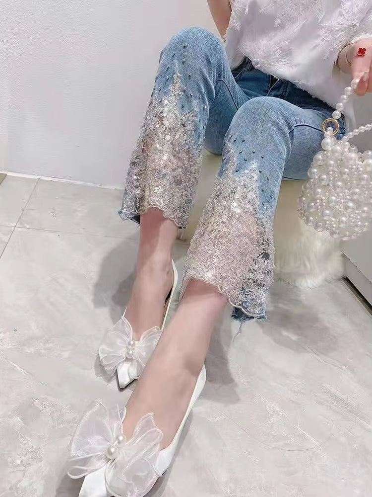 Court Style Heavy Industry Beads Cotton Sweet Stretch Slim High Waist Jeans Mssza