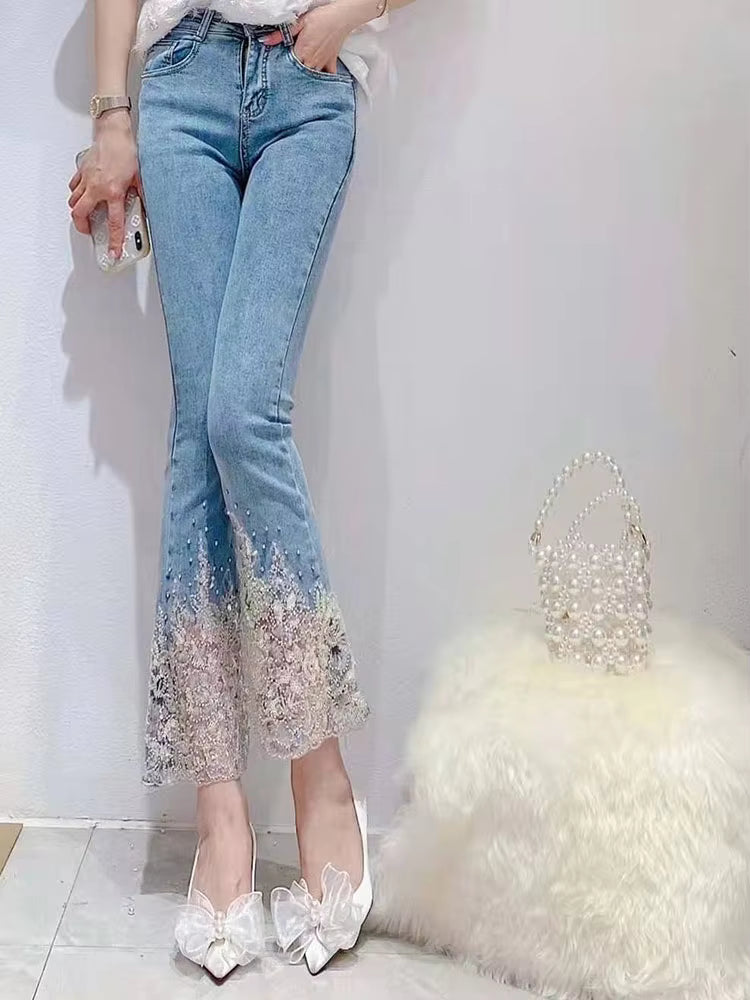 Court Style Heavy Industry Beads Cotton Sweet Stretch Slim High Waist Jeans Mssza