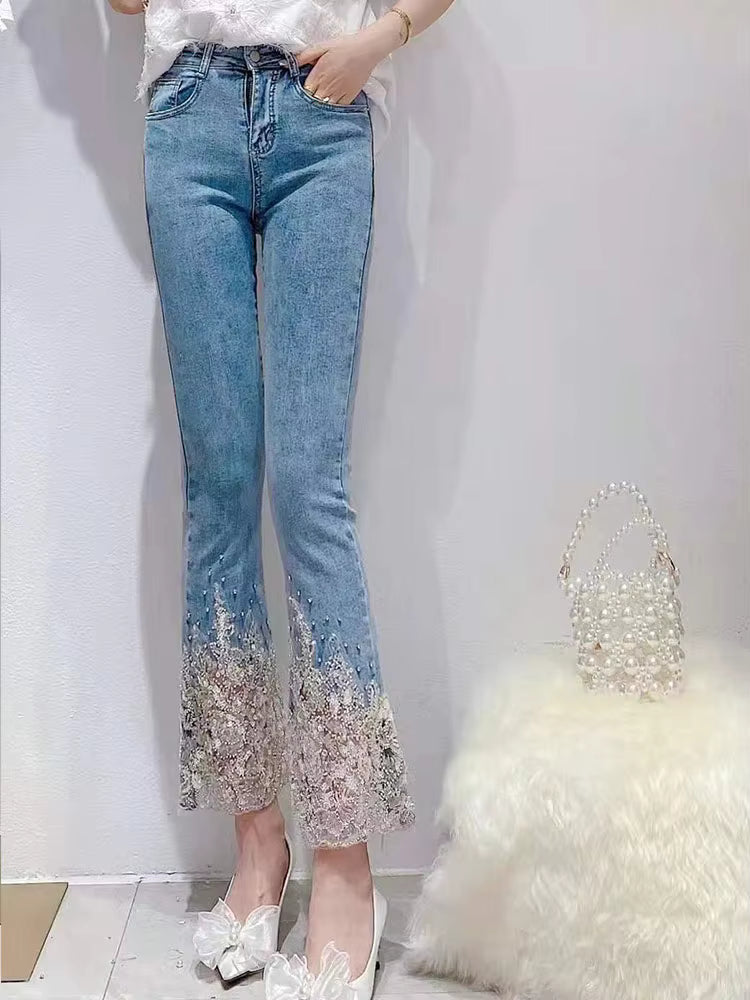 Court Style Heavy Industry Beads Cotton Sweet Stretch Slim High Waist Jeans Mssza