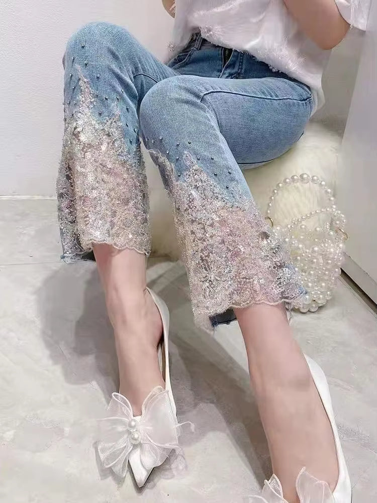 Court Style Heavy Industry Beads Cotton Sweet Stretch Slim High Waist Jeans Mssza
