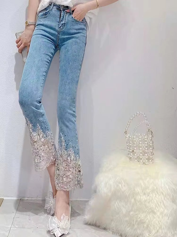 Court Style Heavy Industry Beads Cotton Sweet Stretch Slim High Waist Jeans Mssza