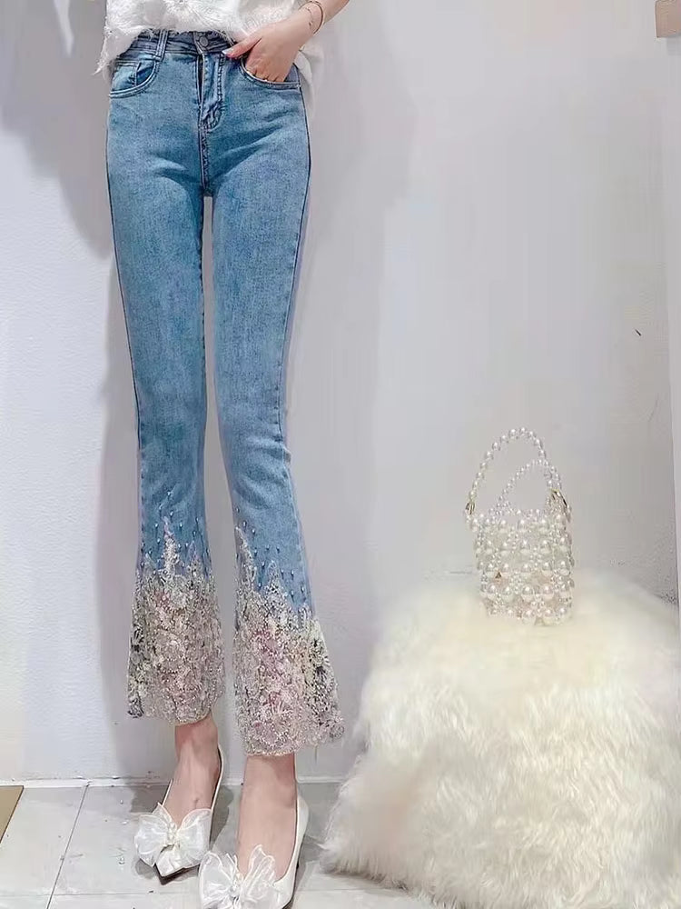 Court Style Heavy Industry Beads Cotton Sweet Stretch Slim High Waist Jeans Mssza