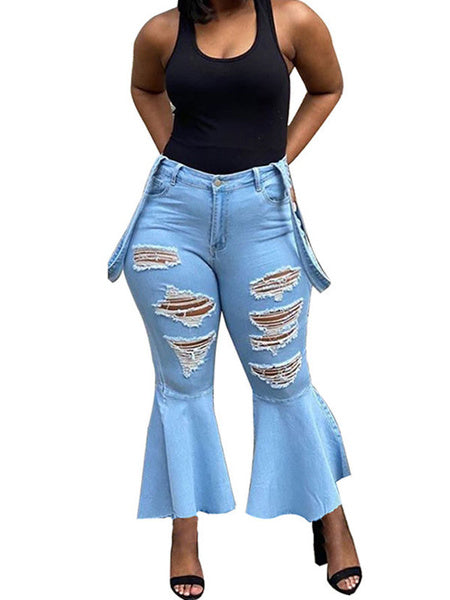 Cowboy Denim Natural Casual Waist Ripped Jeans Bell Bottomed Pants Mssza