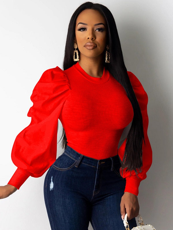 Crew Neck Lantern Sleeve Blouse Mssza