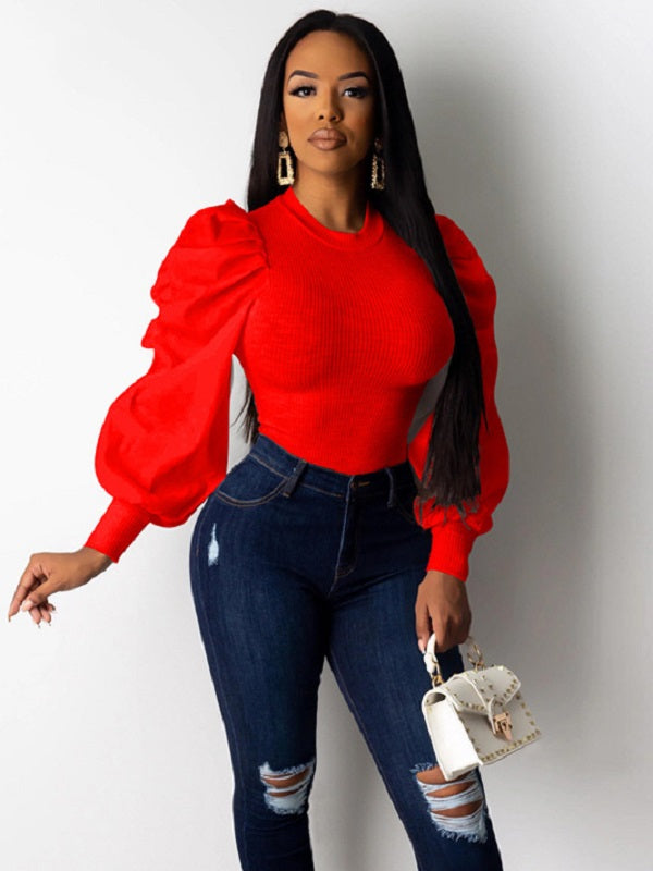 Crew Neck Lantern Sleeve Blouse Mssza