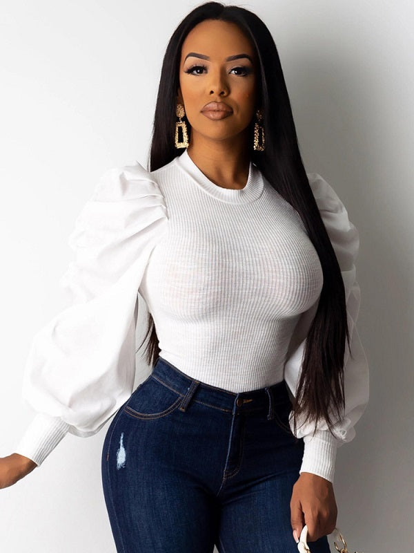 Crew Neck Lantern Sleeve Blouse Mssza