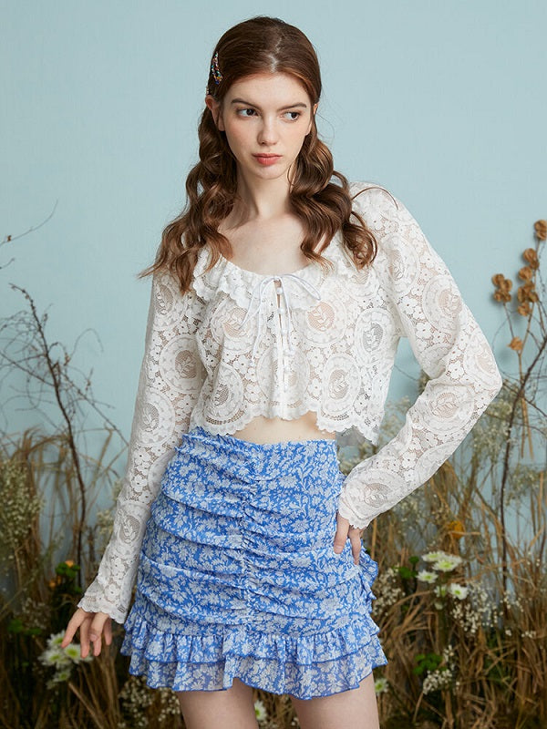 Crochet Floral Lace Peter Pan Collar Long Sleeve Croppd Blouse Mssza
