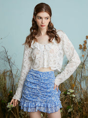 Crochet Floral Lace Peter Pan Collar Long Sleeve Croppd Blouse Mssza