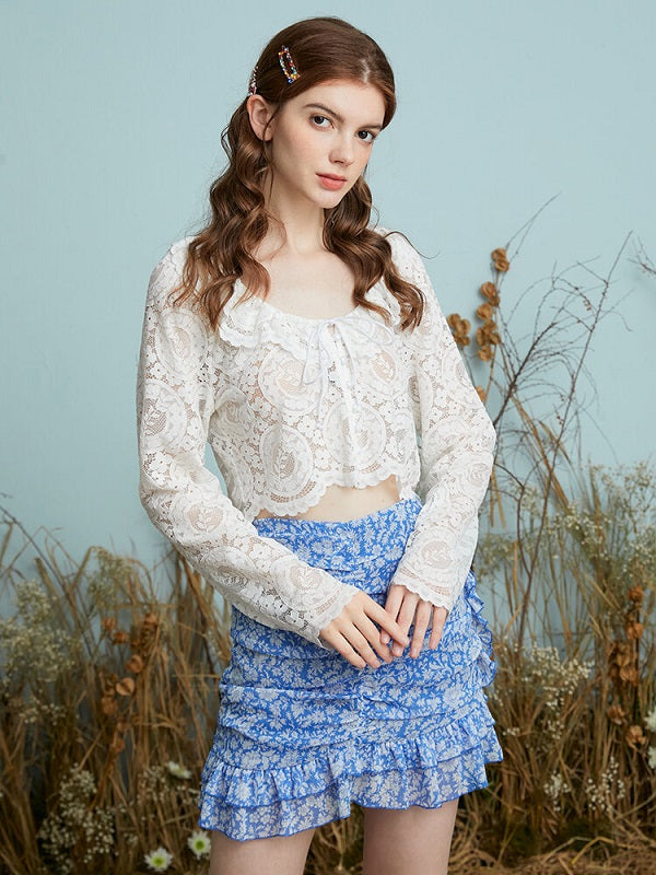 Crochet Floral Lace Peter Pan Collar Long Sleeve Croppd Blouse Mssza