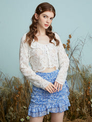 Crochet Floral Lace Peter Pan Collar Long Sleeve Croppd Blouse Mssza