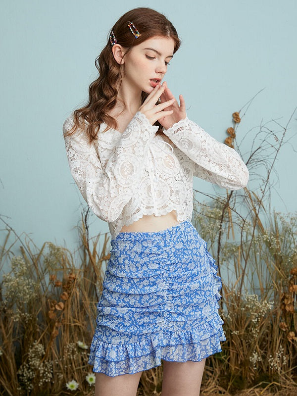 Crochet Floral Lace Peter Pan Collar Long Sleeve Croppd Blouse Mssza