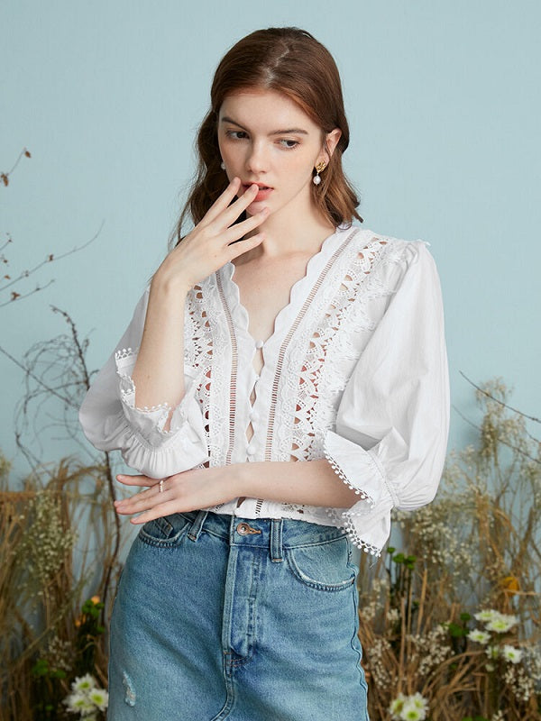 Crochet Lace Hollow Flounce Sleeve Scalloped Trim Blouse Mssza