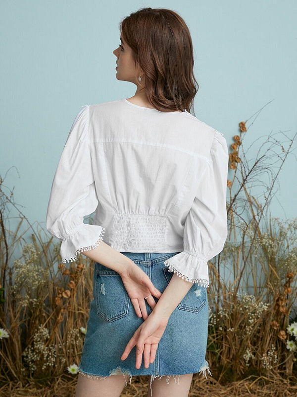 Crochet Lace Hollow Flounce Sleeve Scalloped Trim Blouse Mssza