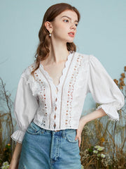 Crochet Lace Hollow Flounce Sleeve Scalloped Trim Blouse Mssza