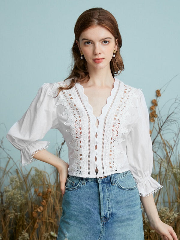 Crochet Lace Hollow Flounce Sleeve Scalloped Trim Blouse Mssza