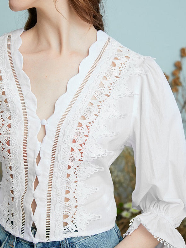 Crochet Lace Hollow Flounce Sleeve Scalloped Trim Blouse Mssza