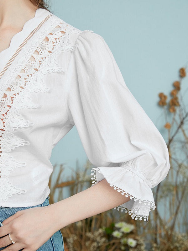 Crochet Lace Hollow Flounce Sleeve Scalloped Trim Blouse Mssza