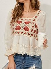 Crochet Lace Square Collar Backless Lantern Long Sleeve Blouse Mssza