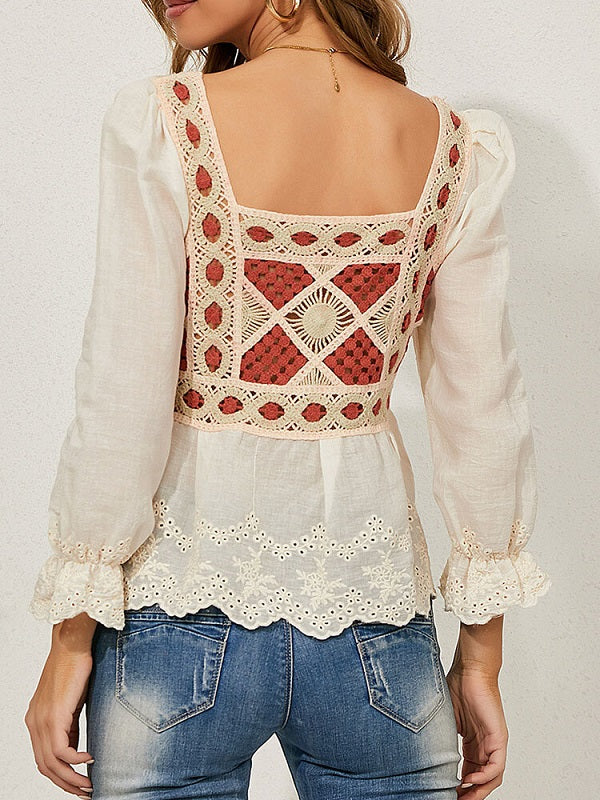Crochet Lace Square Collar Backless Lantern Long Sleeve Blouse Mssza