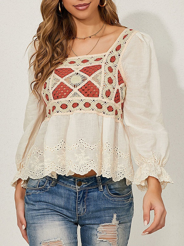 Crochet Lace Square Collar Backless Lantern Long Sleeve Blouse Mssza