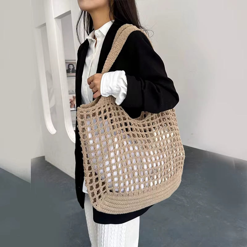 Crochet Tote Hollow Knitted Solid Color Simple Shopping Bag Mssza