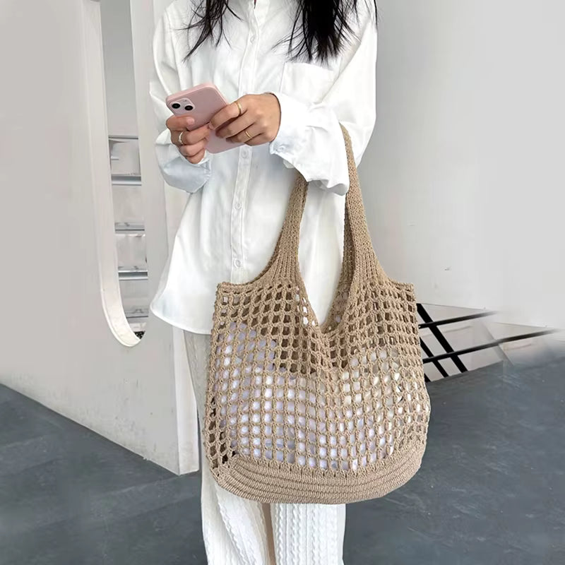 Crochet Tote Hollow Knitted Solid Color Simple Shopping Bag Mssza