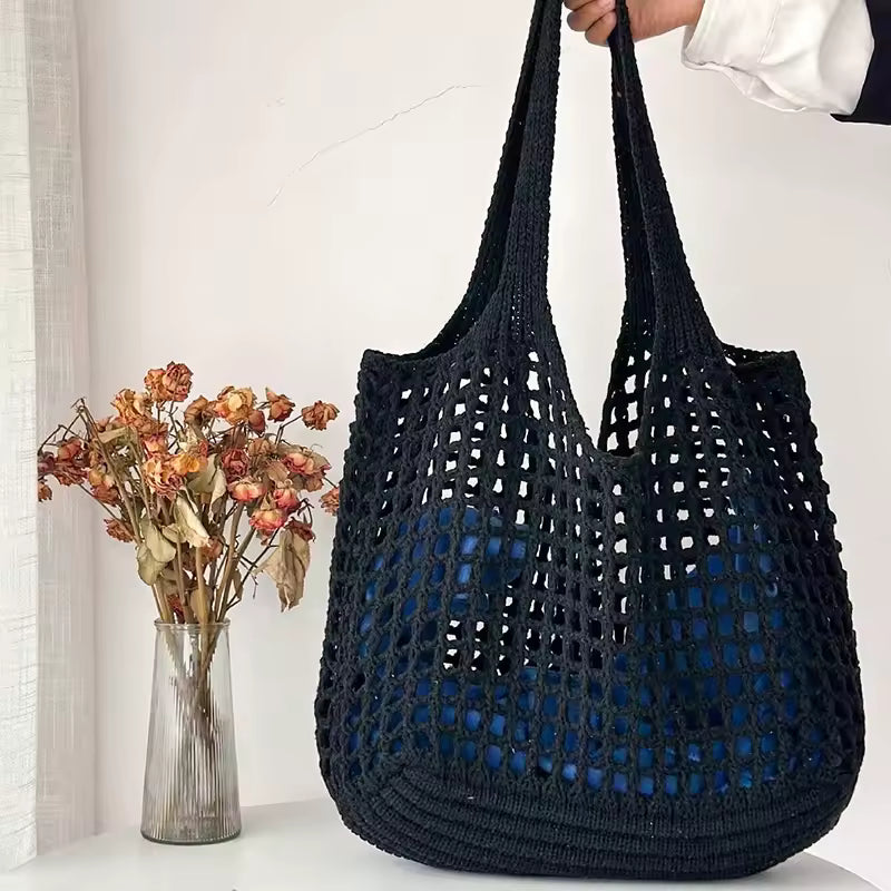 Crochet Tote Hollow Knitted Solid Color Simple Shopping Bag Mssza