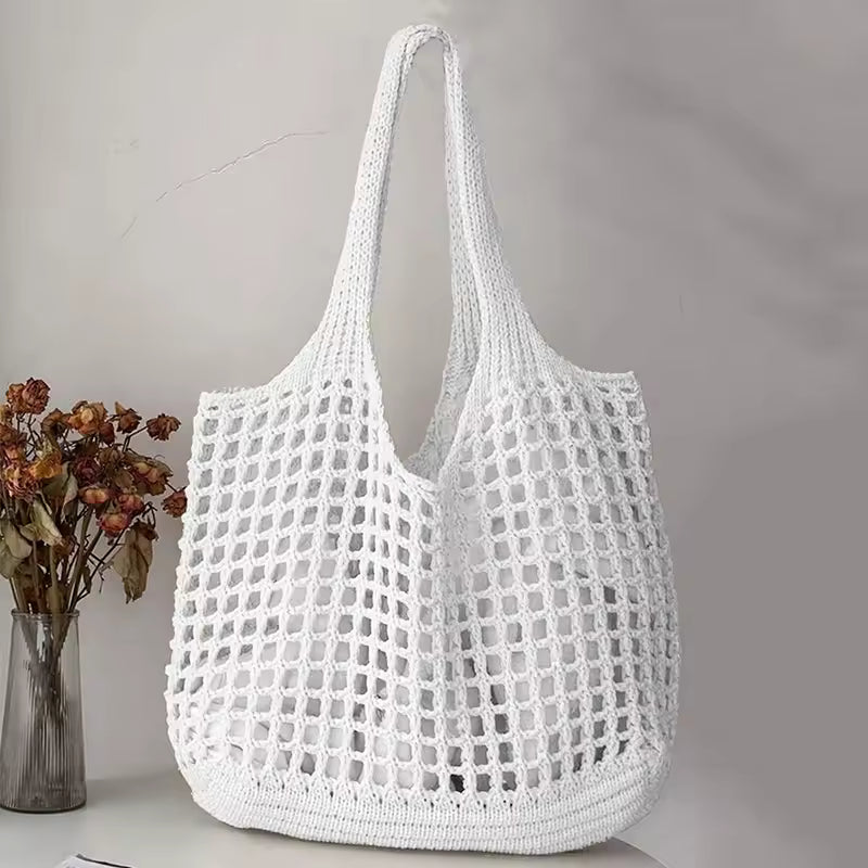 Crochet Tote Hollow Knitted Solid Color Simple Shopping Bag Mssza