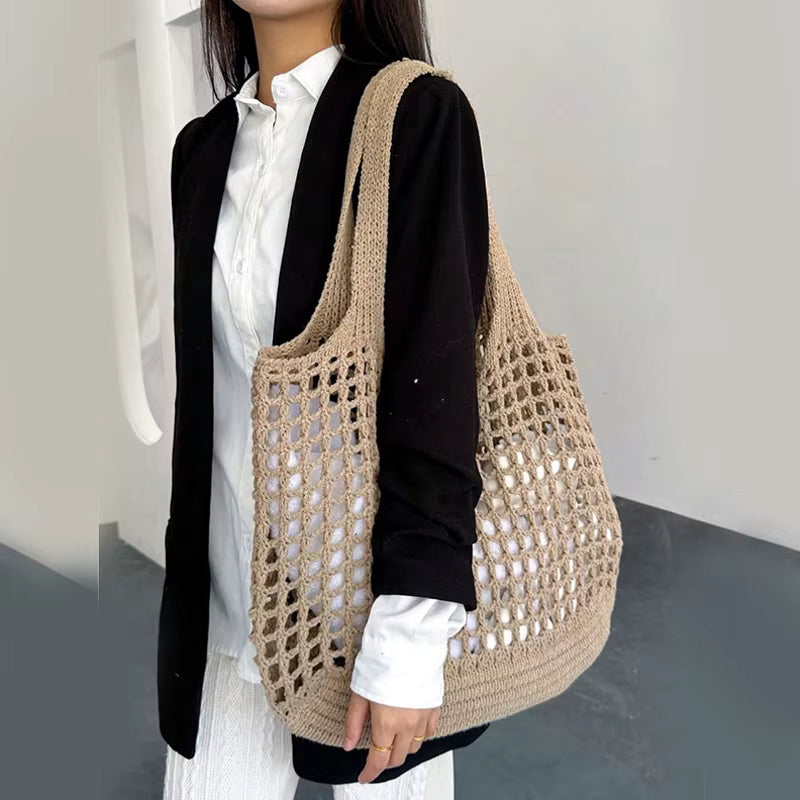 Crochet Tote Hollow Knitted Solid Color Simple Shopping Bag Mssza