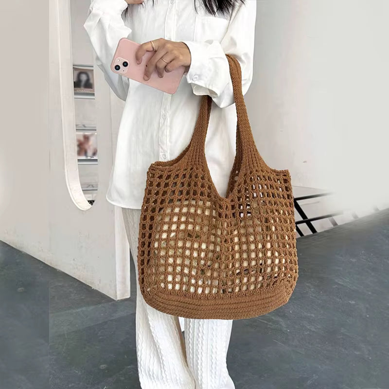 Crochet Tote Hollow Knitted Solid Color Simple Shopping Bag Mssza