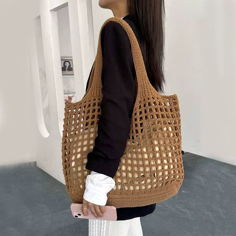 Crochet Tote Hollow Knitted Solid Color Simple Shopping Bag Mssza