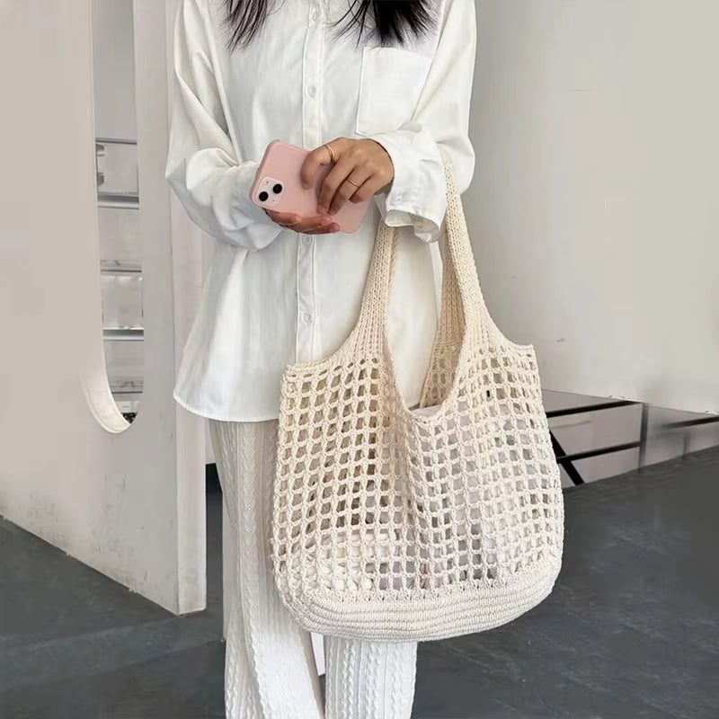 Crochet Tote Hollow Knitted Solid Color Simple Shopping Bag Mssza