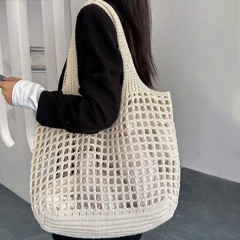 Crochet Tote Hollow Knitted Solid Color Simple Shopping Bag Mssza
