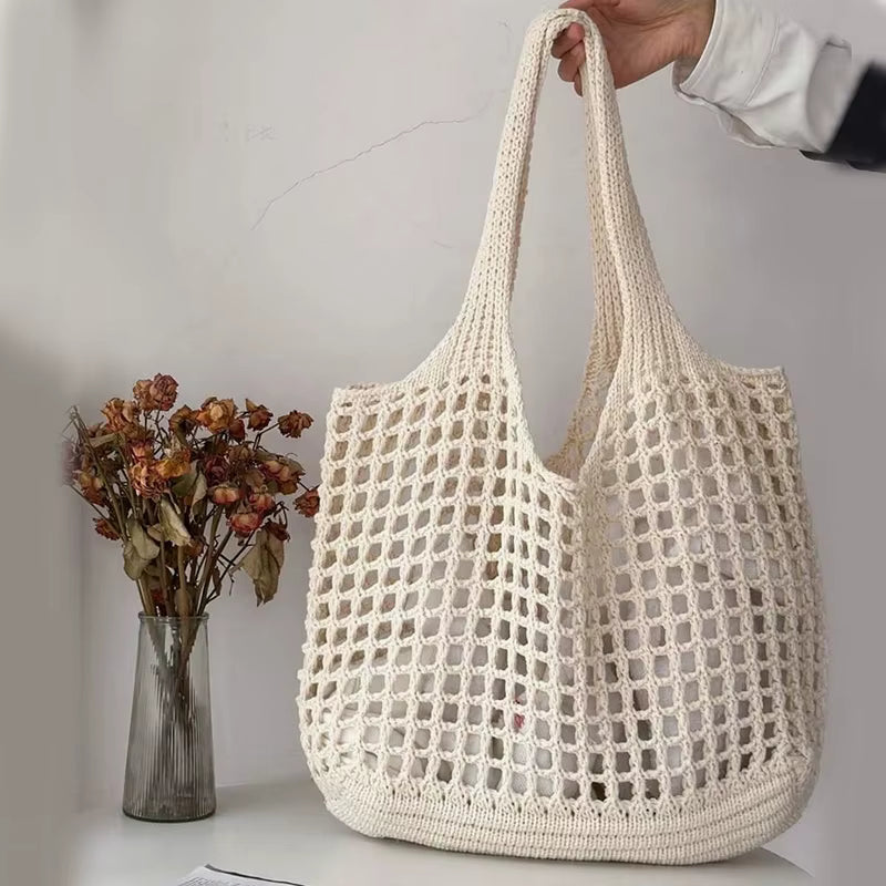 Crochet Tote Hollow Knitted Solid Color Simple Shopping Bag Mssza