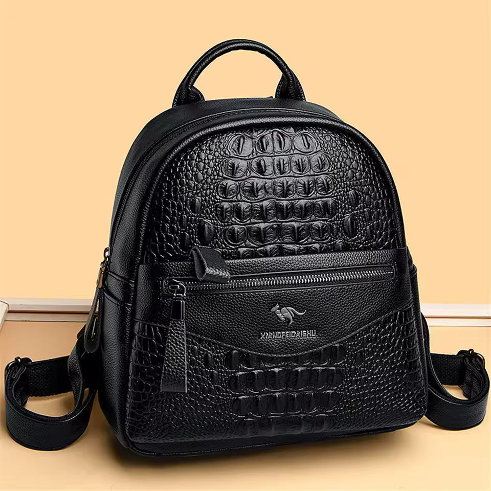 Crocodile Pattern Leather Interior Slot Pocket Travel Large Backpack Mssza