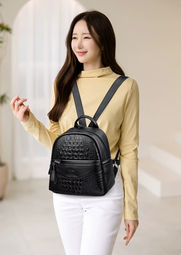Crocodile Pattern Leather Interior Slot Pocket Travel Large Backpack Mssza