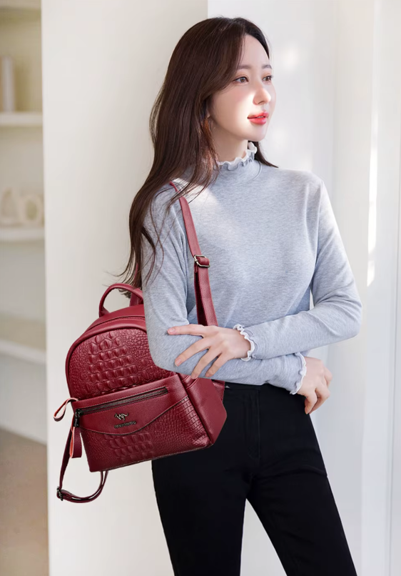 Crocodile Pattern Leather Interior Slot Pocket Travel Large Backpack Mssza