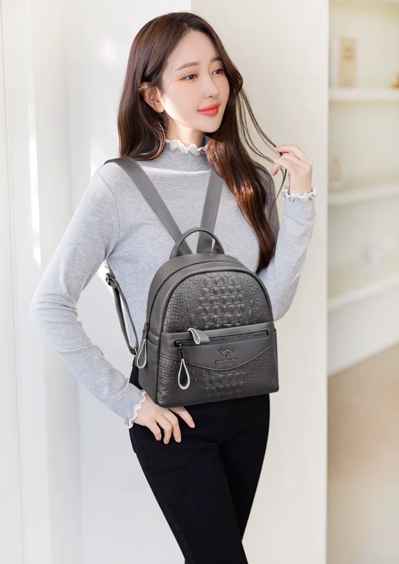 Crocodile Pattern Leather Interior Slot Pocket Travel Large Backpack Mssza