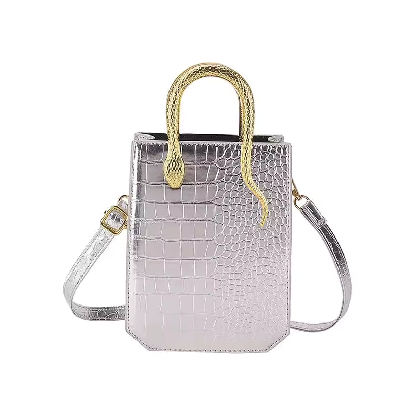 Crocodile Pattern Leather Metal Solid Square Shoulder Handbag Mssza