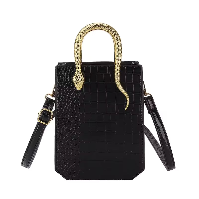Crocodile Pattern Leather Metal Solid Square Shoulder Handbag Mssza