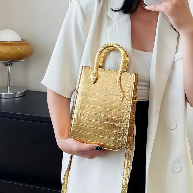 Crocodile Pattern Leather Metal Solid Square Shoulder Handbag Mssza