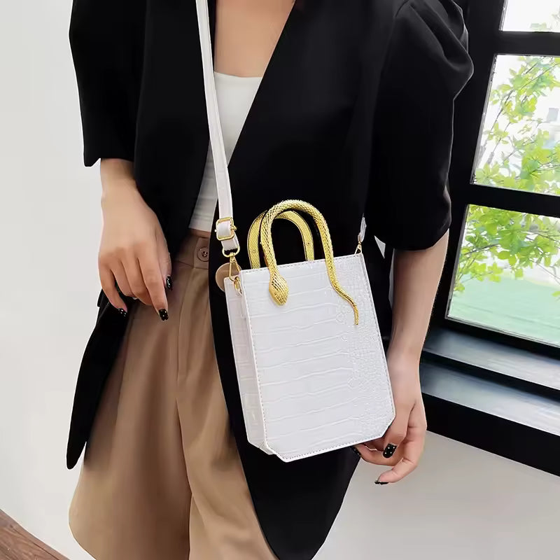 Crocodile Pattern Leather Metal Solid Square Shoulder Handbag Mssza