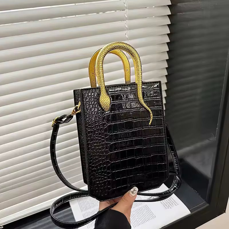 Crocodile Pattern Leather Metal Solid Square Shoulder Handbag Mssza