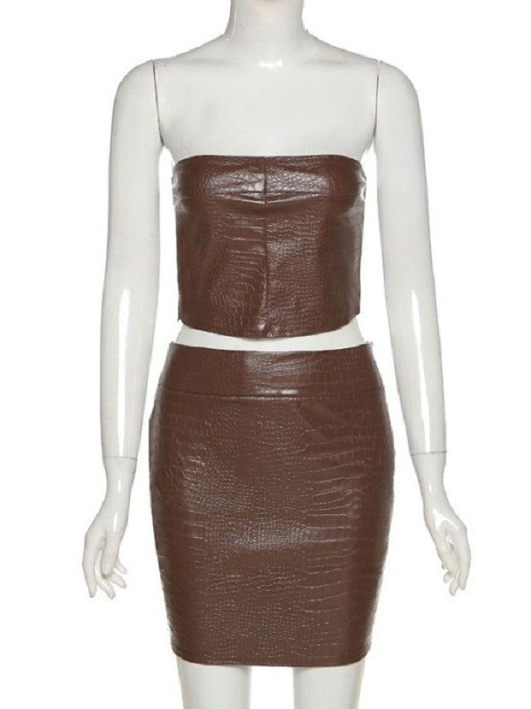 Crocodile Pattern Strapless Two Piece Skirt Set Mssza