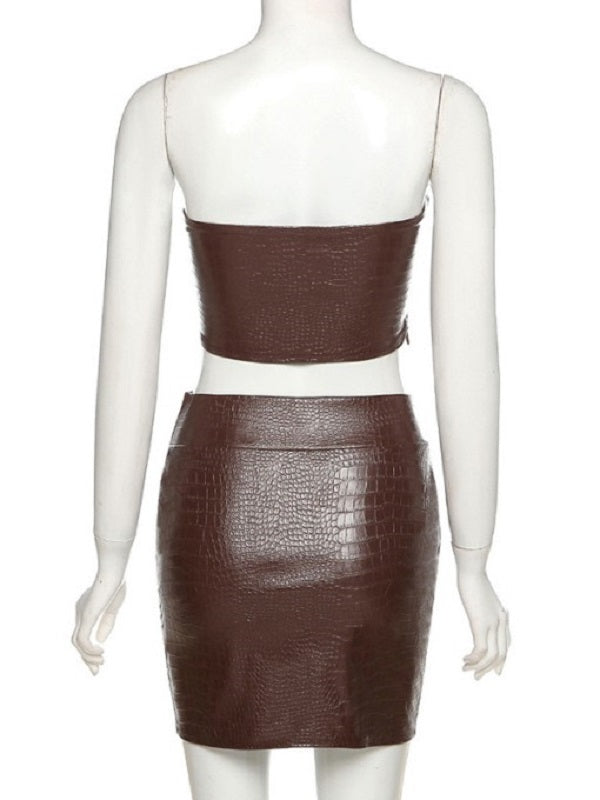 Crocodile Pattern Strapless Two Piece Skirt Set Mssza