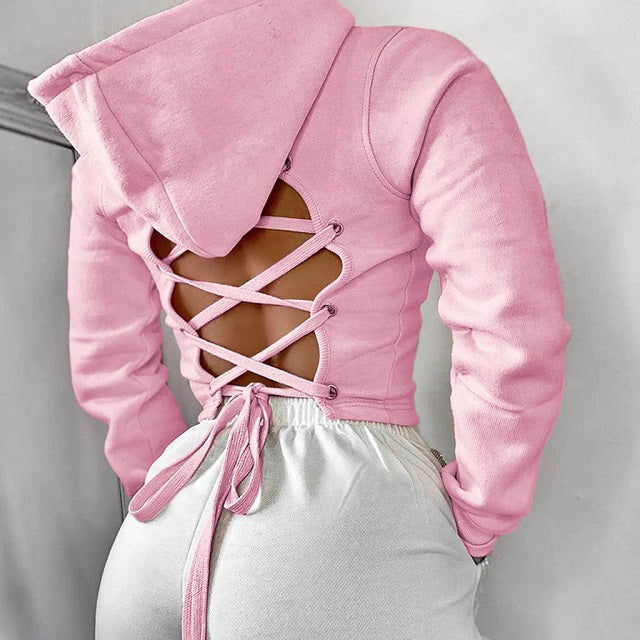 Crop Hoddies Cropped Hooded Top Straps Hollow Slim Sweatshirts Mssza