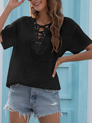 Cross Front V-neck Short Sleeve T-Shirt Mssza