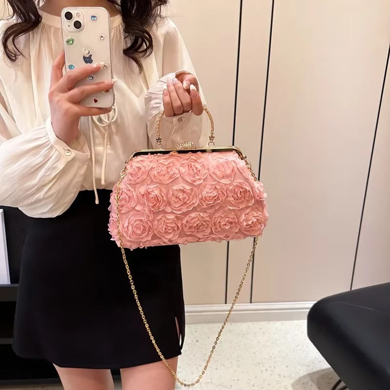 Crystal Bead Flowers Zipper Shell Clip Lock Clutch Mssza